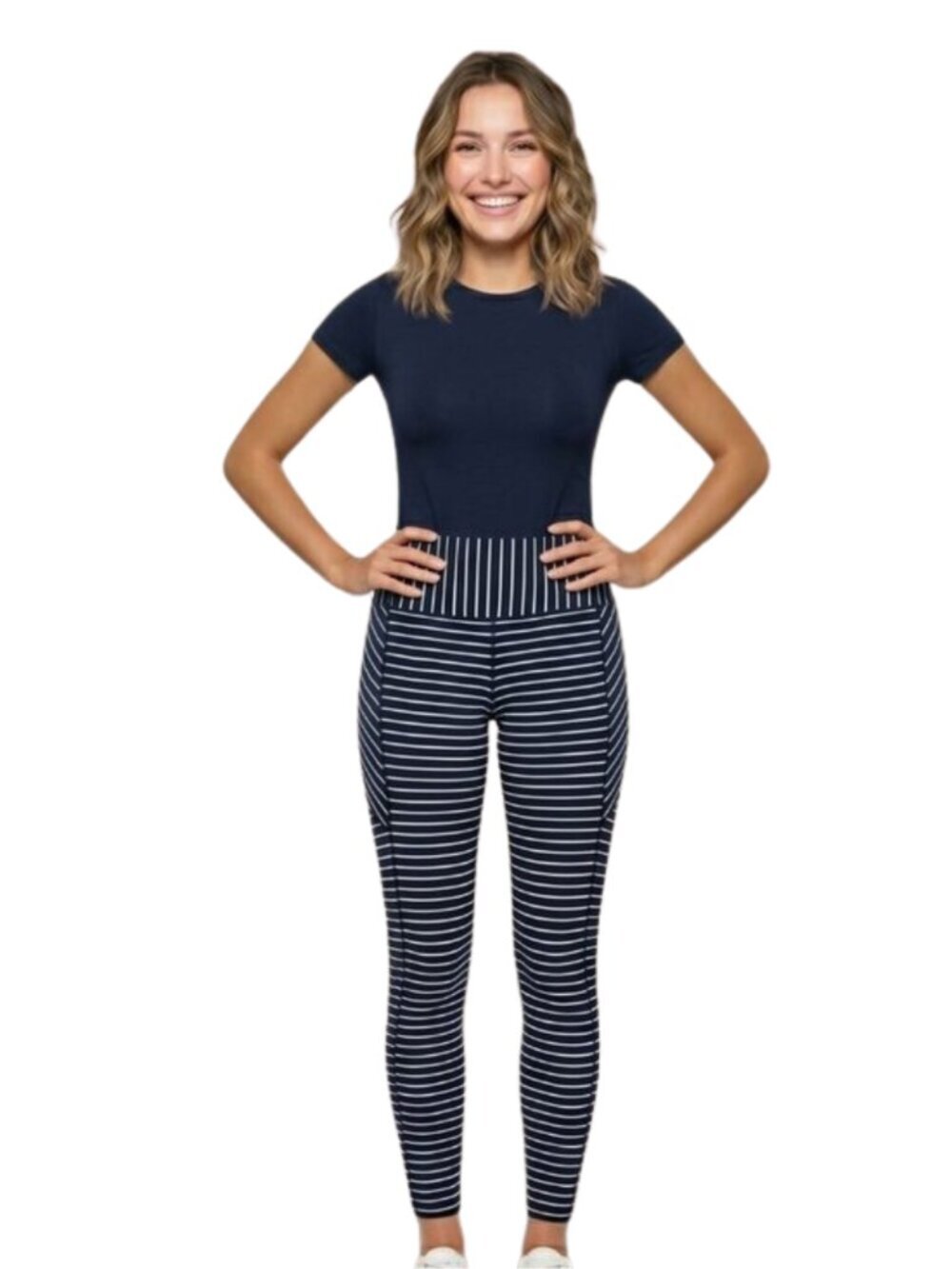 Athleta Navy Blue White Striped Leggings Small Zipper Pockets Activewear